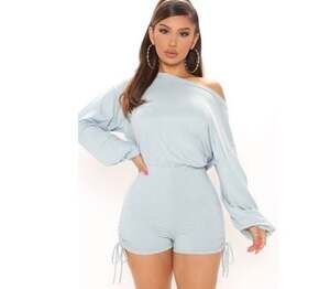Fashion Nova Long Sleeve Ruched Romper with Drawstring Sides in Light Blue
